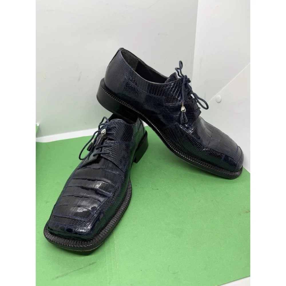 David Eden Men's Genuine Lizard Leather Derby Blue Dress Shoes Men 8.5 Luxury